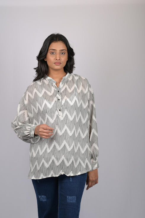 top for women western wear stylish and trending party wear printed Black And White Zigzag Print Long Sleeves Top (OTL-TPS1077)
